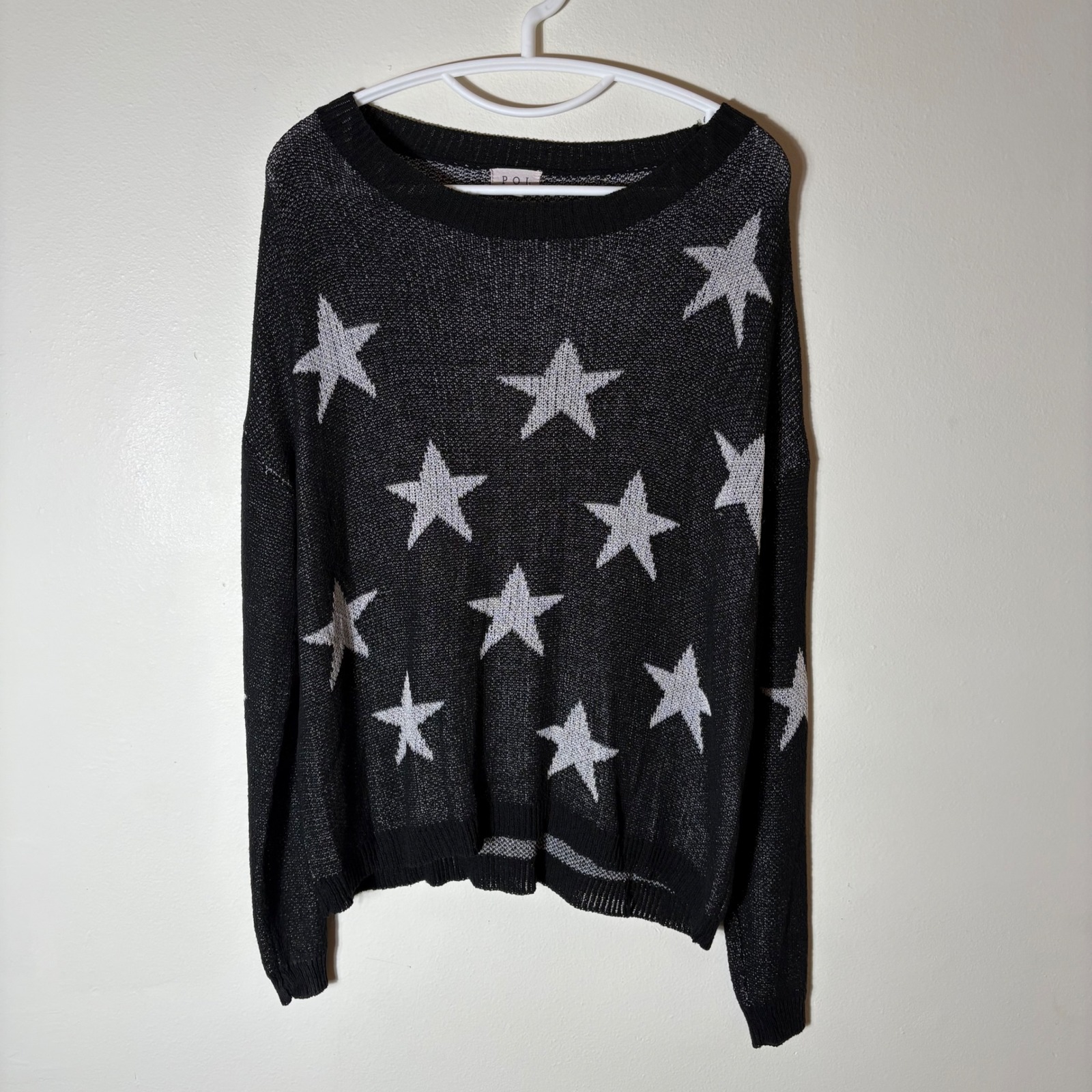 Pol Black Star Print Sheer Knit Sweater Size Large